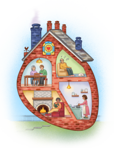 Illustration of a house in the shape of heart, with people inside rooms completing daily tasks