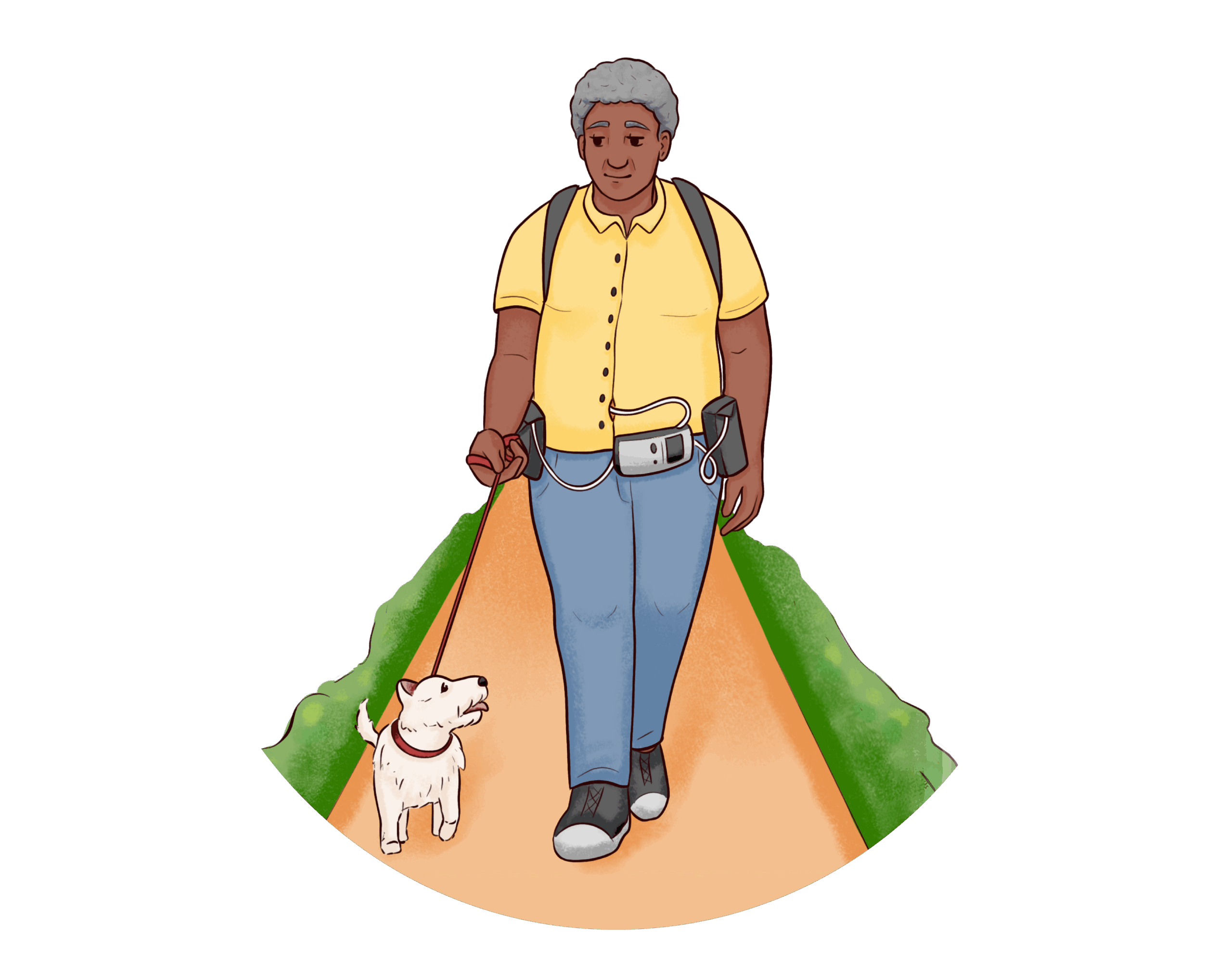 v01_Candidacy and Alternatives Patient walking a dog. Patient is wearing an LVAD device.