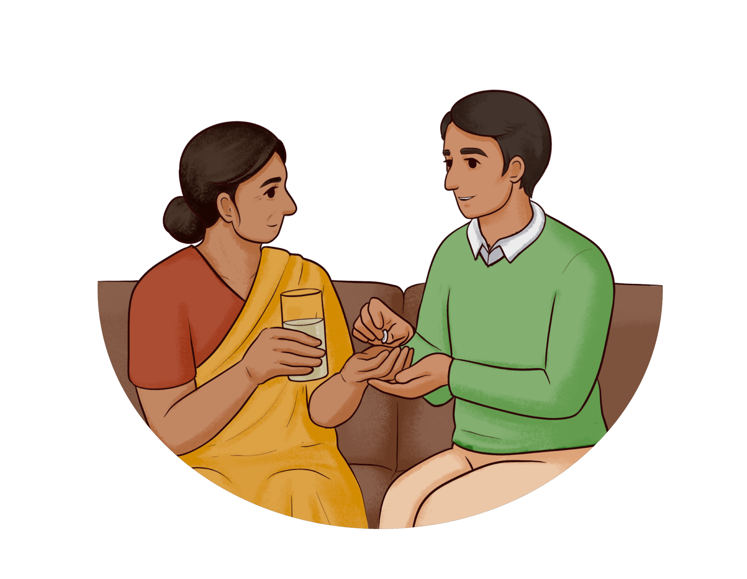 v01_Caring for Recipient Illustration of a man and woman sitting on a sofa. The man is handing the woman medication to take.