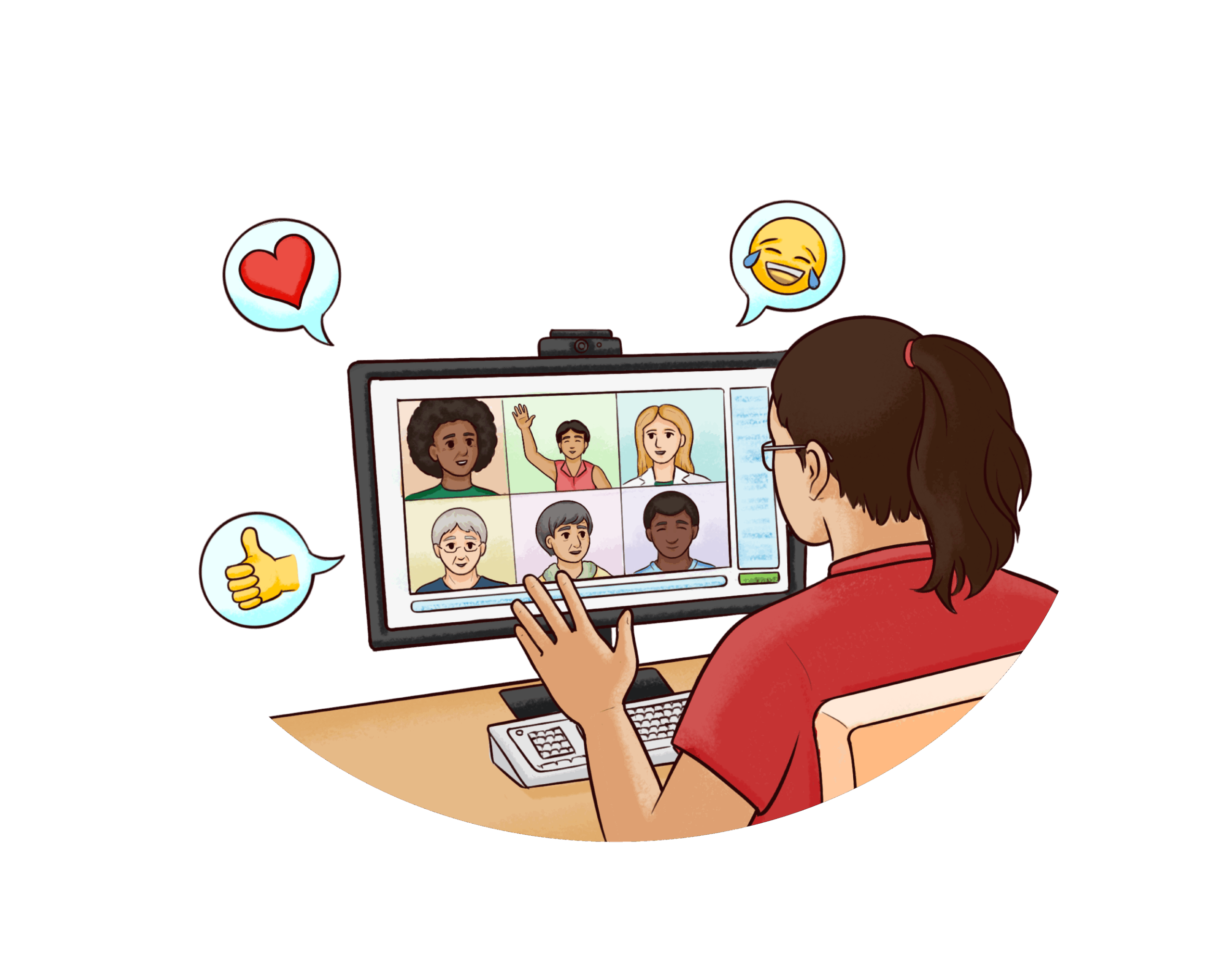 v01_Community Supports Illustration of a woman participating in a video call on a computer.