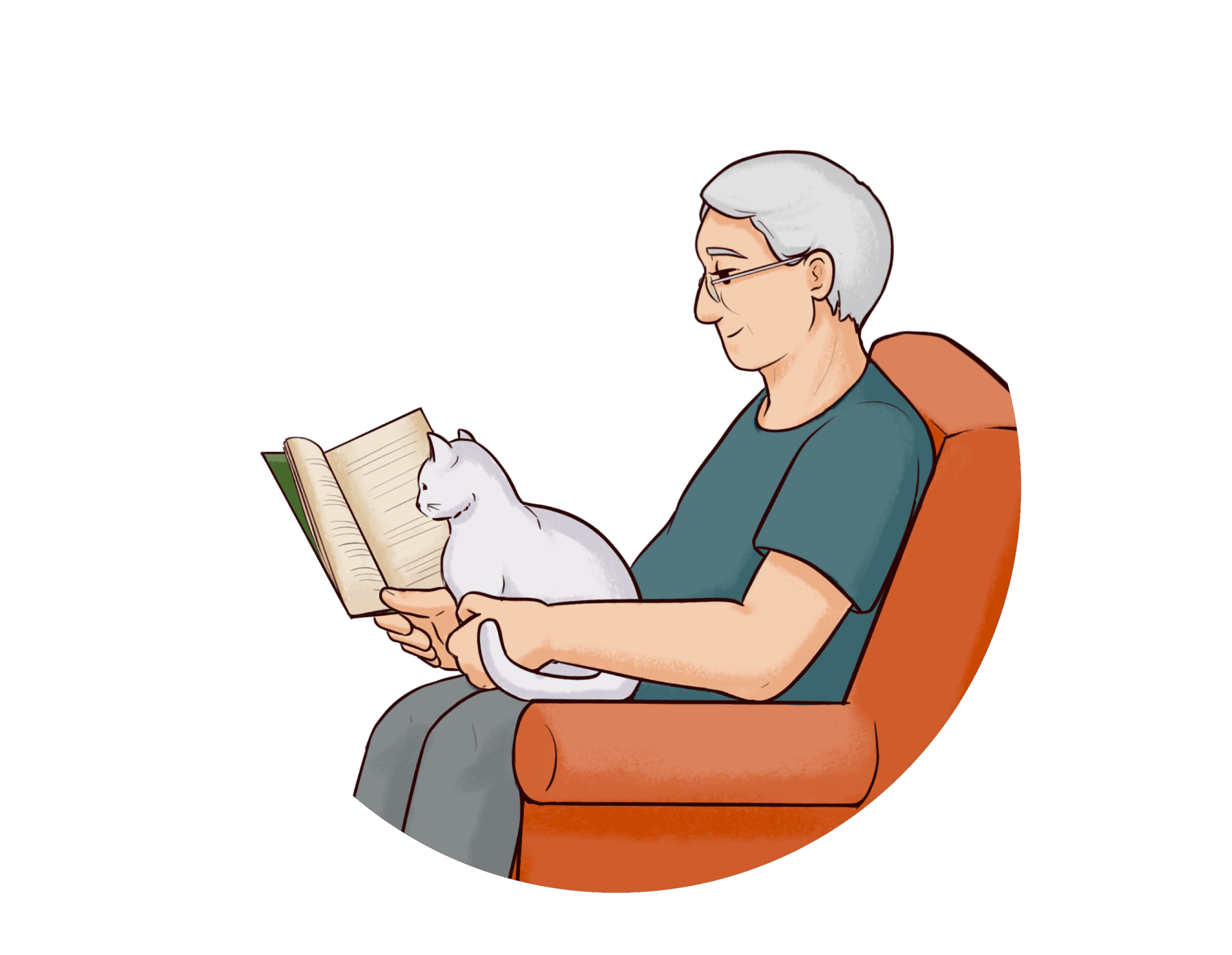 v01_First 3 Months Illustration of a man sitting in a chair, reading a book. A cat is sitting in his lap.