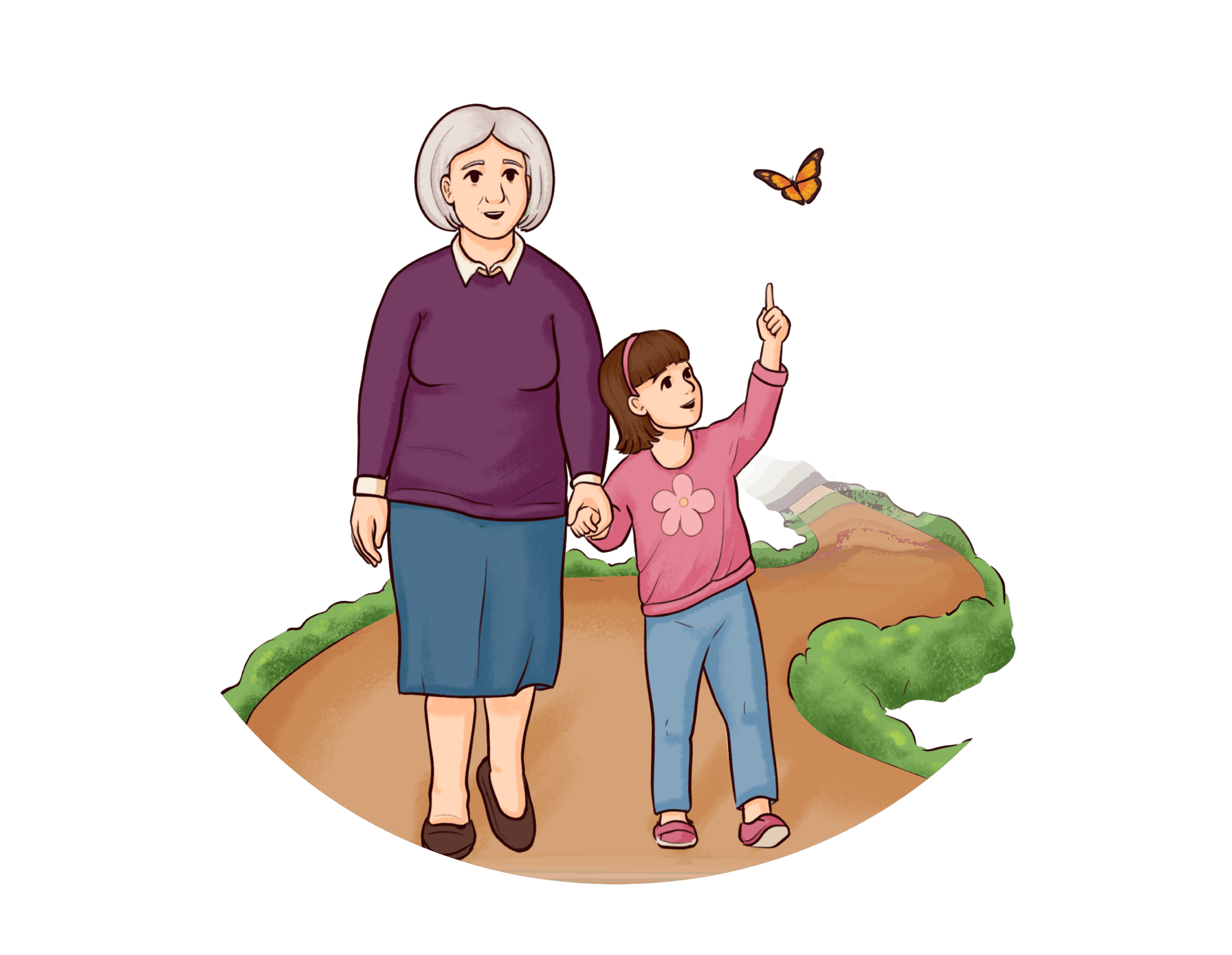 v01_First Year Illustration of a woman walking with a child outdoors.