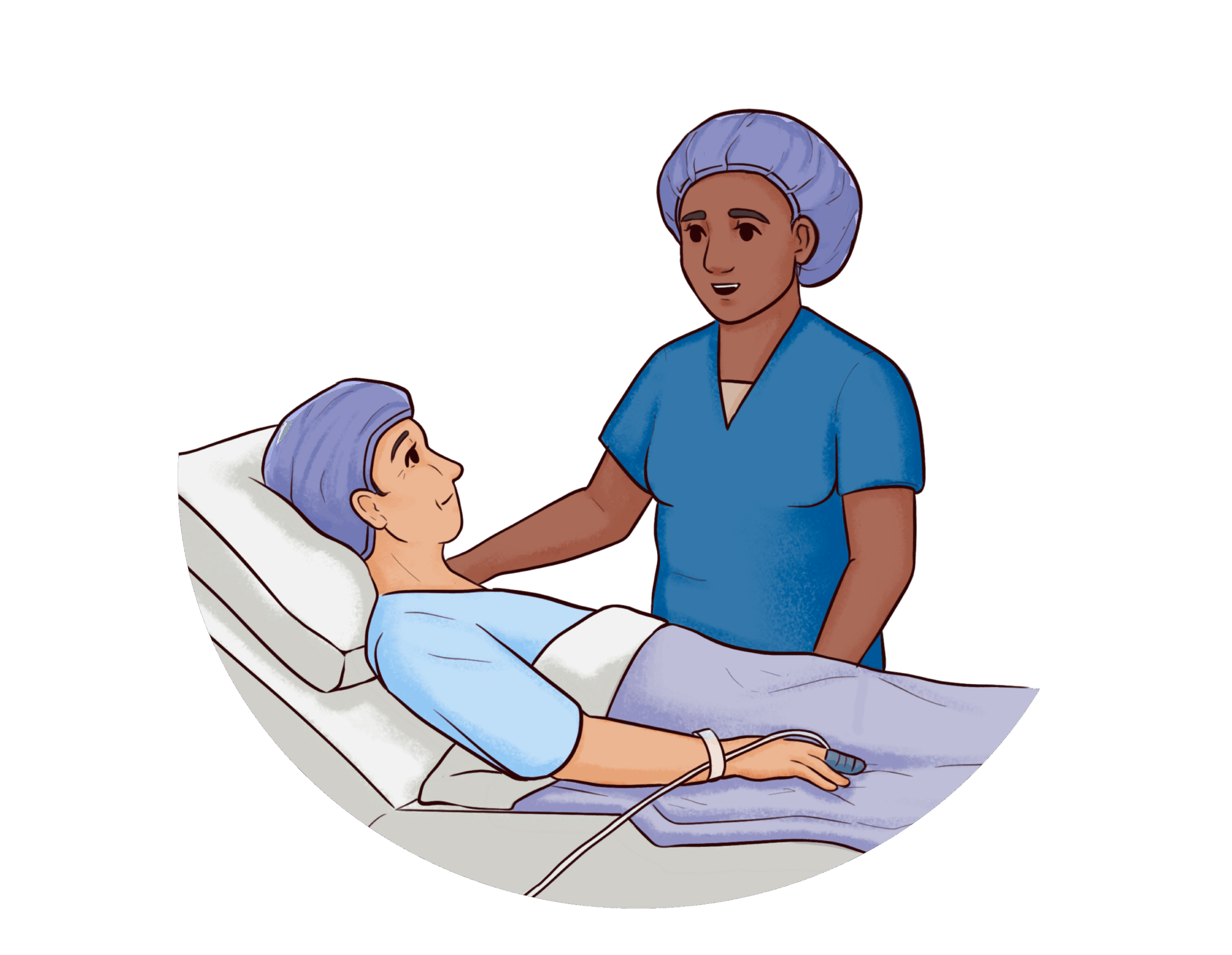 v01_Hospital Stay Post-op Illustration of a patient lying in a hospital bed, speaking to a nurse standing beside them.