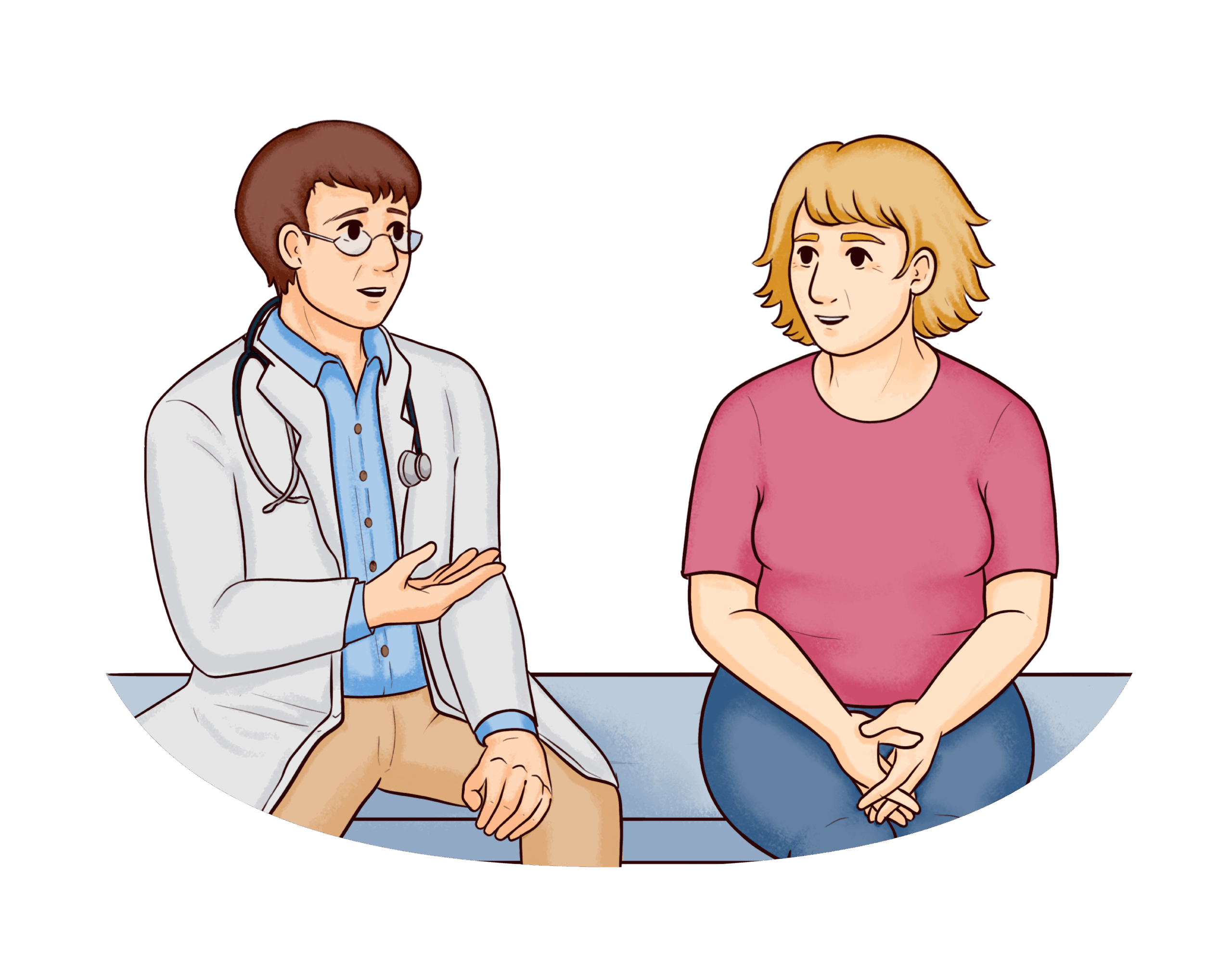 v01_Intro Illustration of a doctor speaking to a patient, both sitting on a hospital bed.