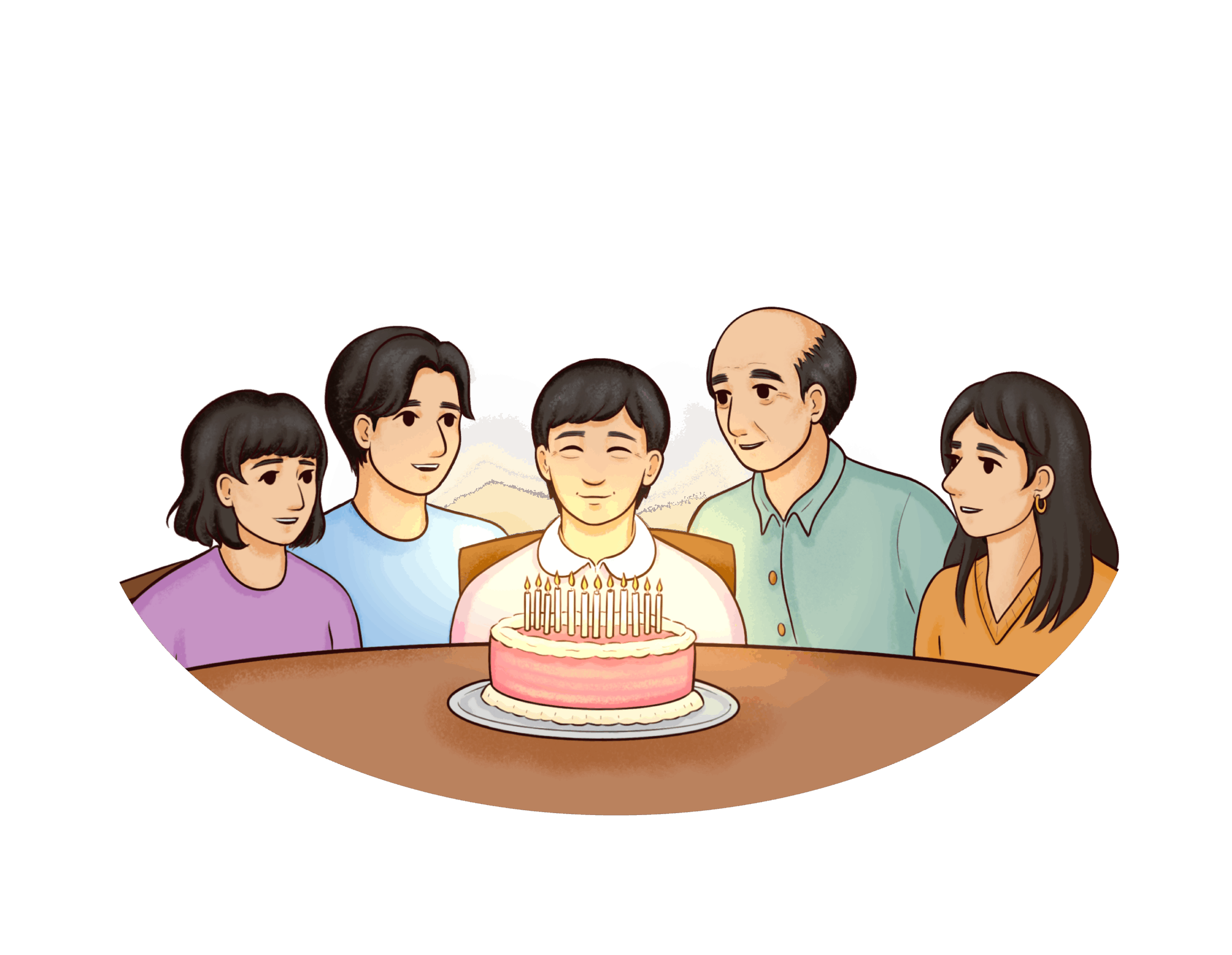 v01_Living Well Post-Transplant Illustration of a group of people surrounding a cake with candles.