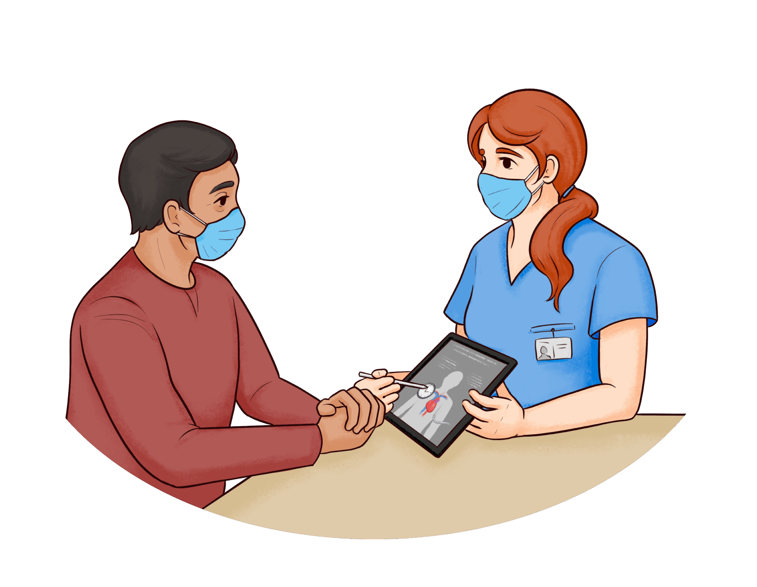 v01_What is a Heart Transplant Illustration of a doctor and patient speaking to each other. The doctor is holding an iPAD with an image of heart failure surgery on it.