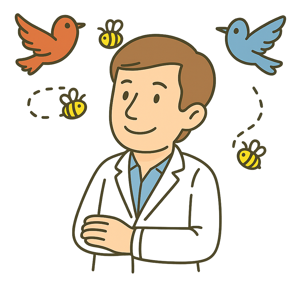 Dr. Mike Birds and Bees Vector Cartoon of a doctor with birds and bees flying around his head