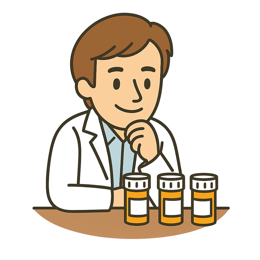 Dr. Mike Medicine Vector Cartoon of a doctor looking at medication bottles
