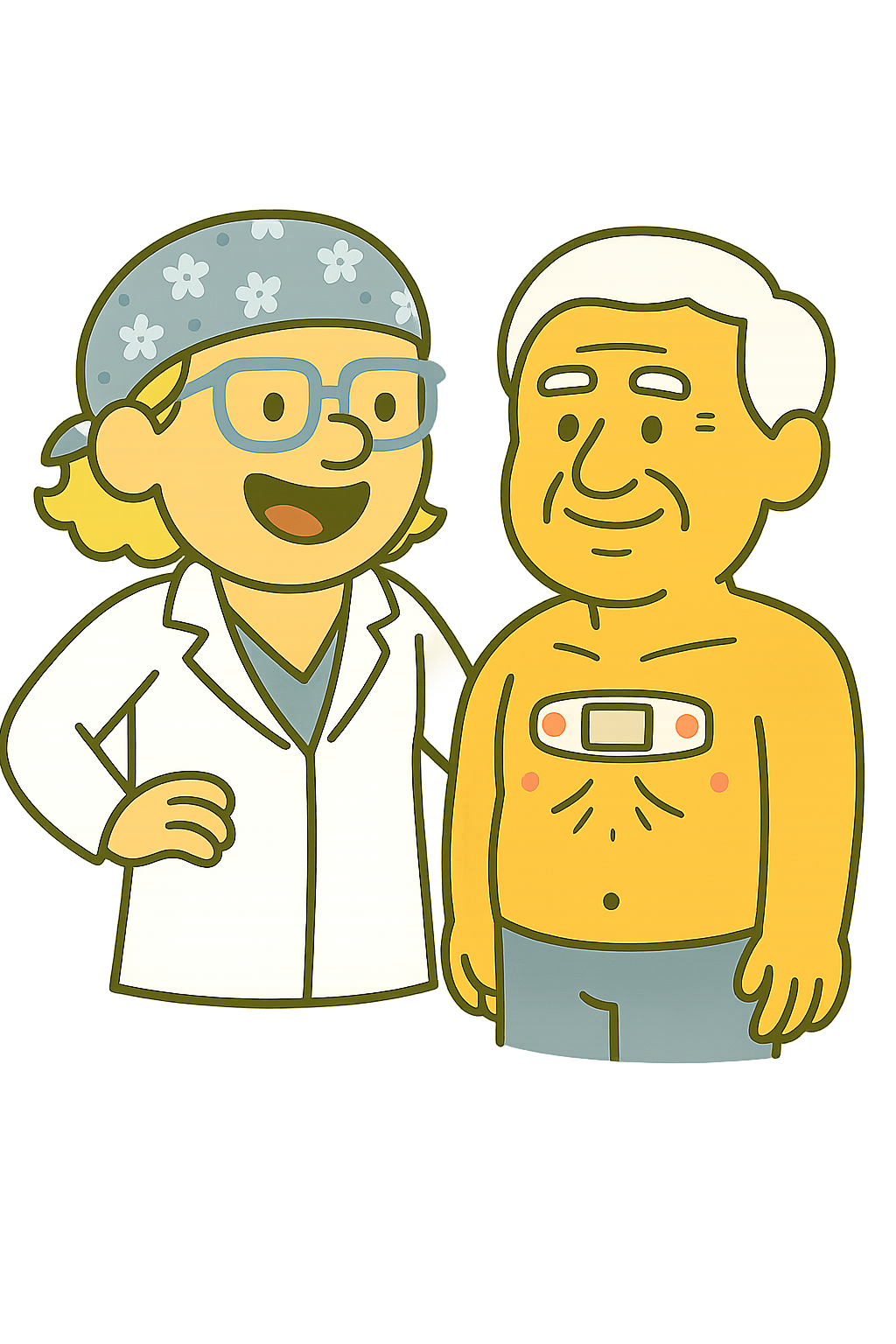 Dr. Heather Cardostat v2 Cartoon of Dr. Heather standing with a older male Caucasian patient who is wearing a patch holter on his chest