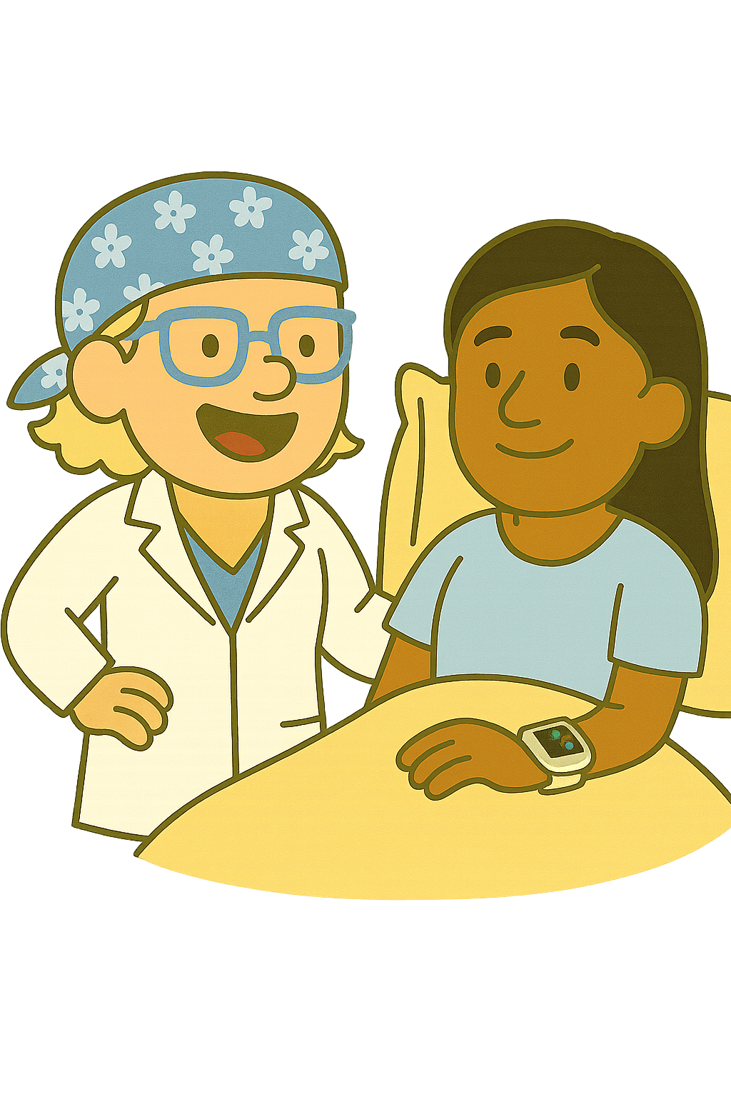 Dr. Heather Continuous Blood Pressure Cartoon of Dr. Heather standing beside a patient in a hospital bed. the patient is wearing a continuous blood pressure monitor on their wrist