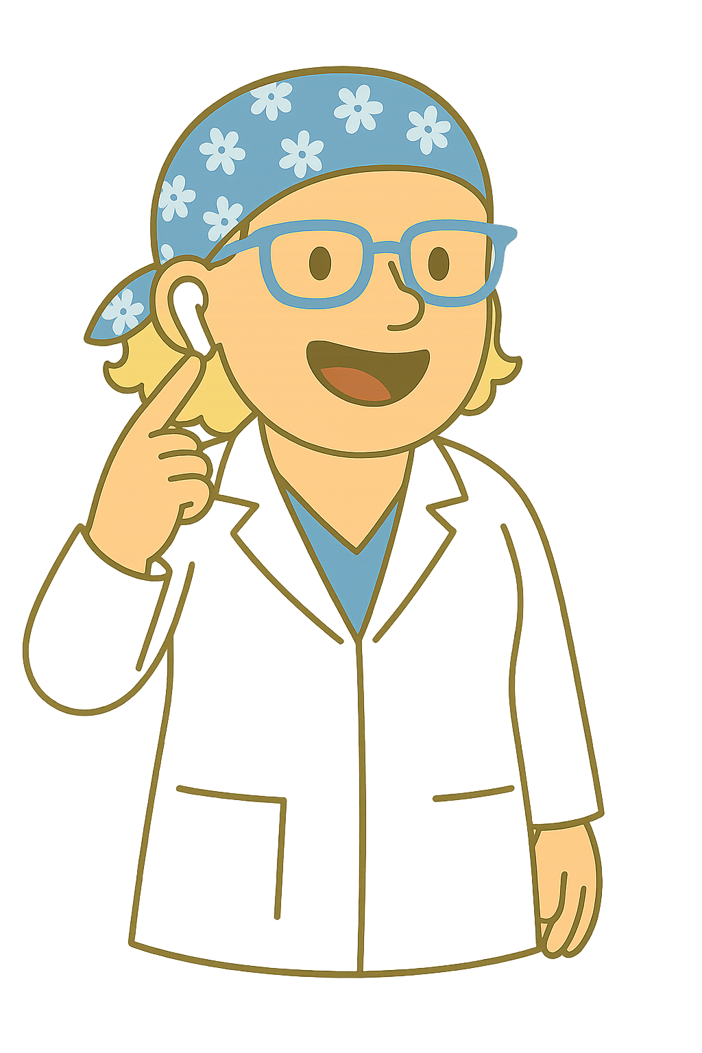 Dr. Heather Earbud Cartoon of Dr. Heather wearing airpods