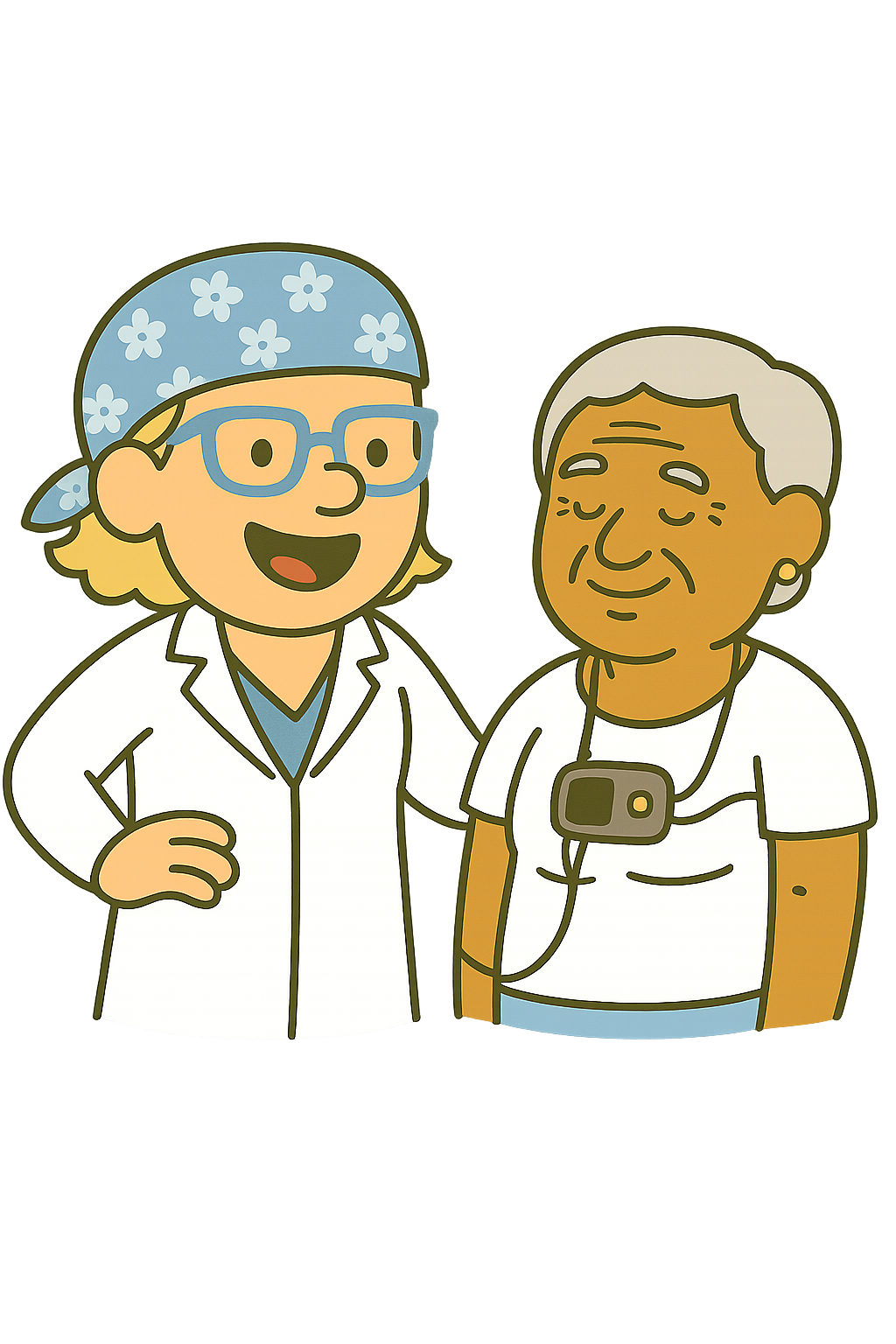 Dr. Heather Holter v2 Cartoon of Dr. Heather standing with an older female patient who is wearing a portable holter monitor.
