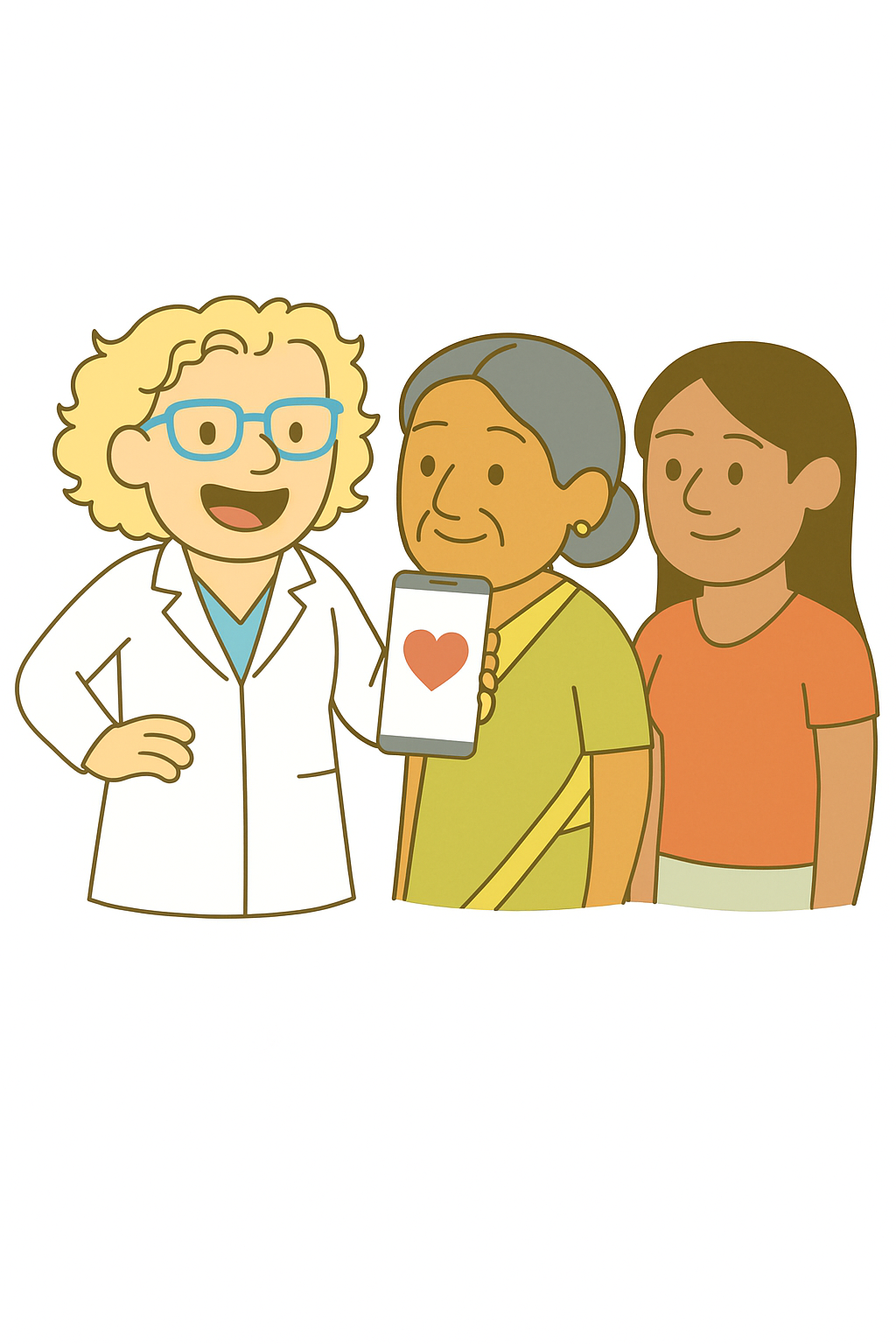 Dr. Heather Medly v2 Cartoon of Dr. Heather holding a smartphone, standing with two female patients of south asian descent