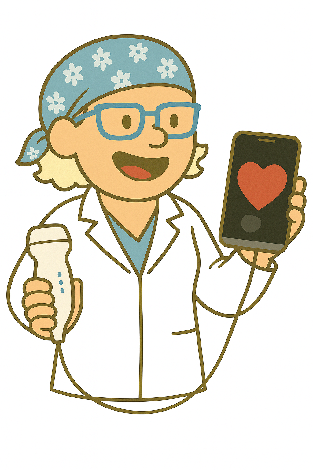 Dr. Heather Portable Ultrasound Cartoon of Dr. Heather holding a portable ultrasound machine