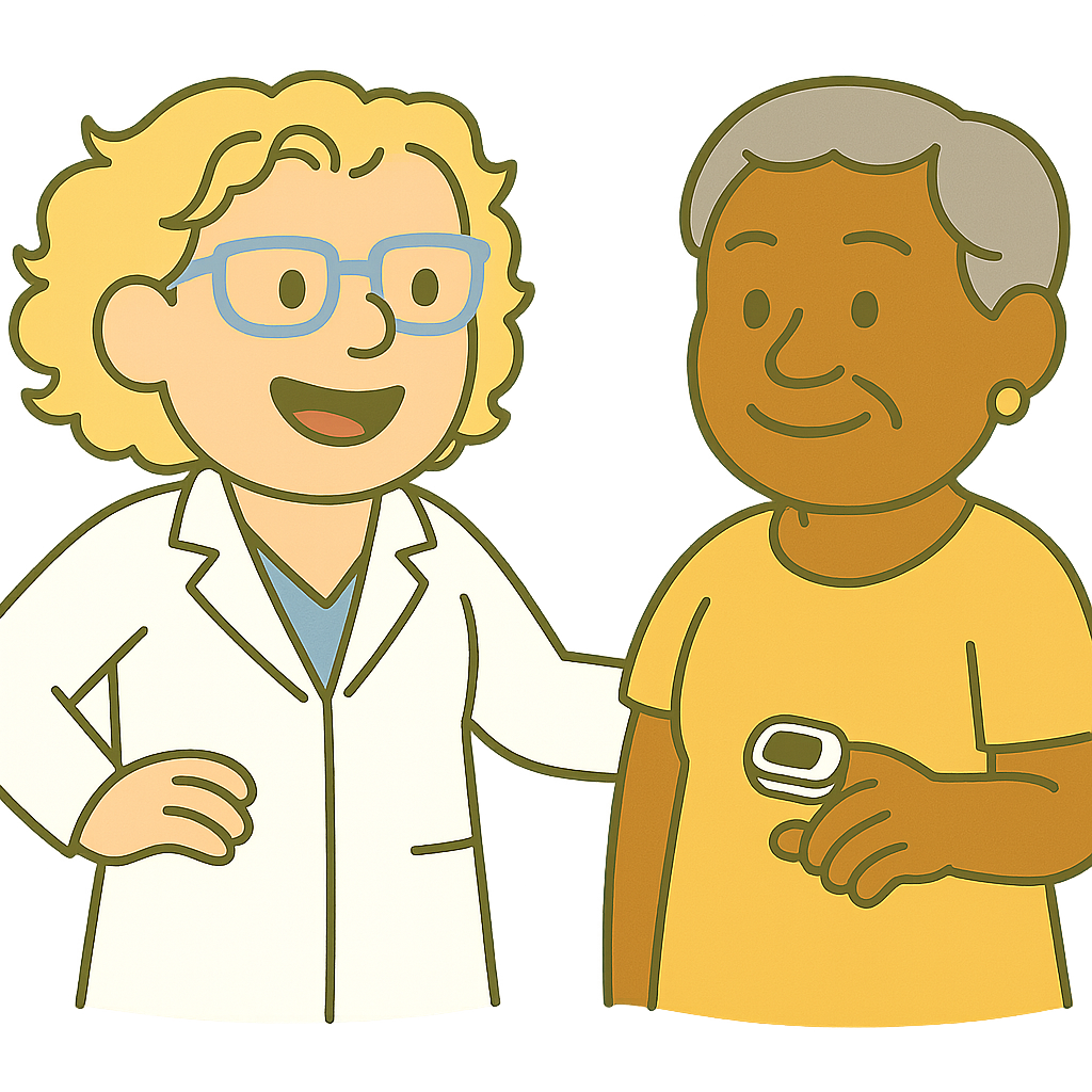 Dr. Heather Pulse Oximeter Cartoon of Dr. Heather standing with an older black female patient. the patient is wearing a pulse oximeter on her fingertip.