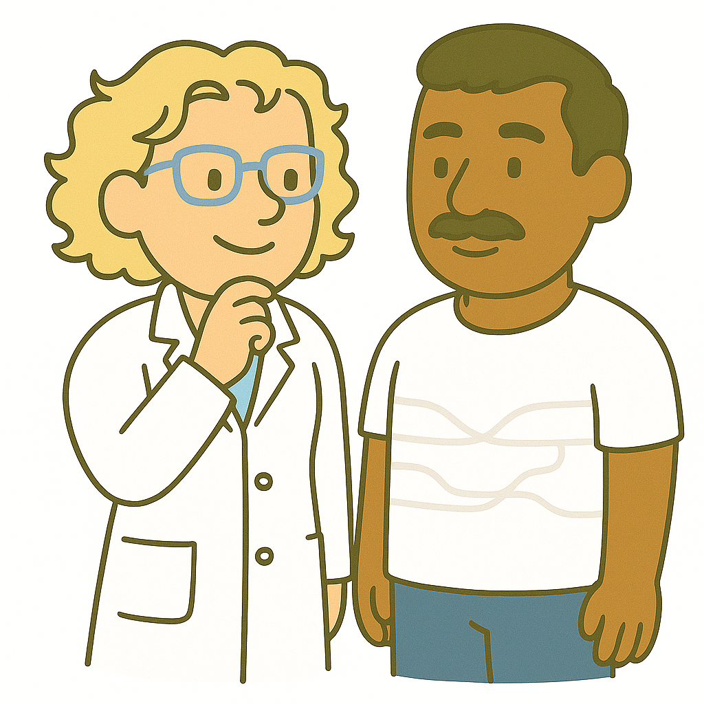 Dr. Heather Smart Textiles v2 Cartoon of Dr. Heather standing with a male latinx patient, who is wearing a smart-shirt