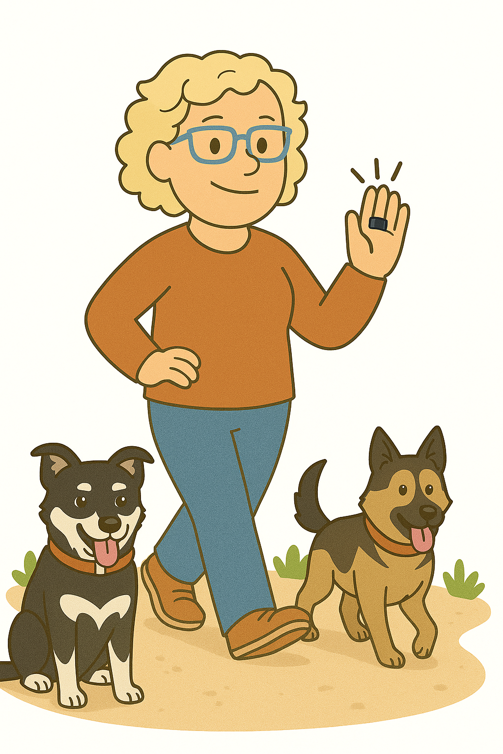 Dr. Heather Smartring v3 Dr. Heather walking outside with her dogs. She is wearing a smart-ring on one finger.