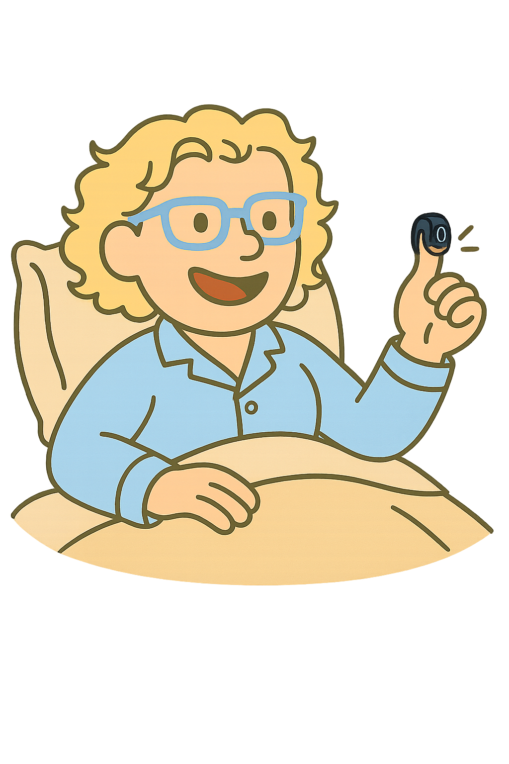 Final Vector - Sleep Ring Cartoon of Dr. Heather in bed wearing a sleep ring on her thumb.