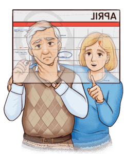 Cartoon of man looking confused at his wall calendar, with his daughter behind him pointing to the schedule