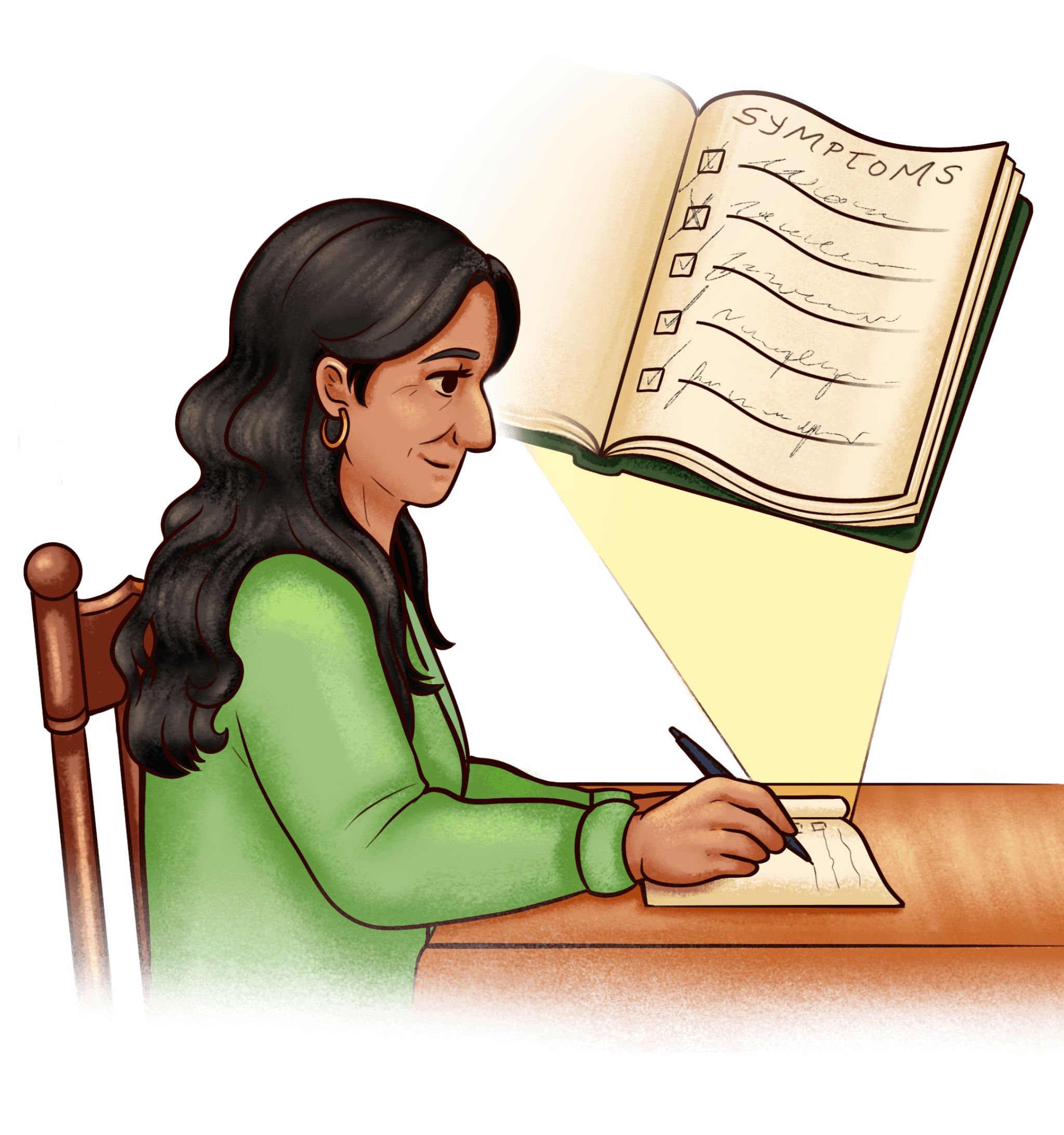 Cartoon of a woman writing her symptoms into a notebook