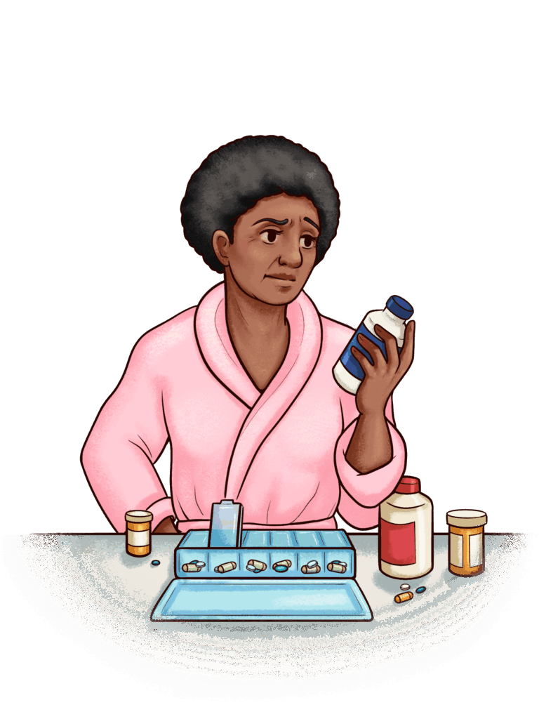 Cartoon of a woman looking at her medication bottles and pill organizer