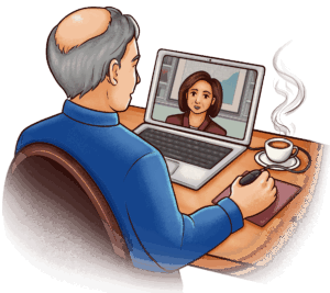 Cartoon of a man sitting at a desk, on a video call with a woman on his laptop computer