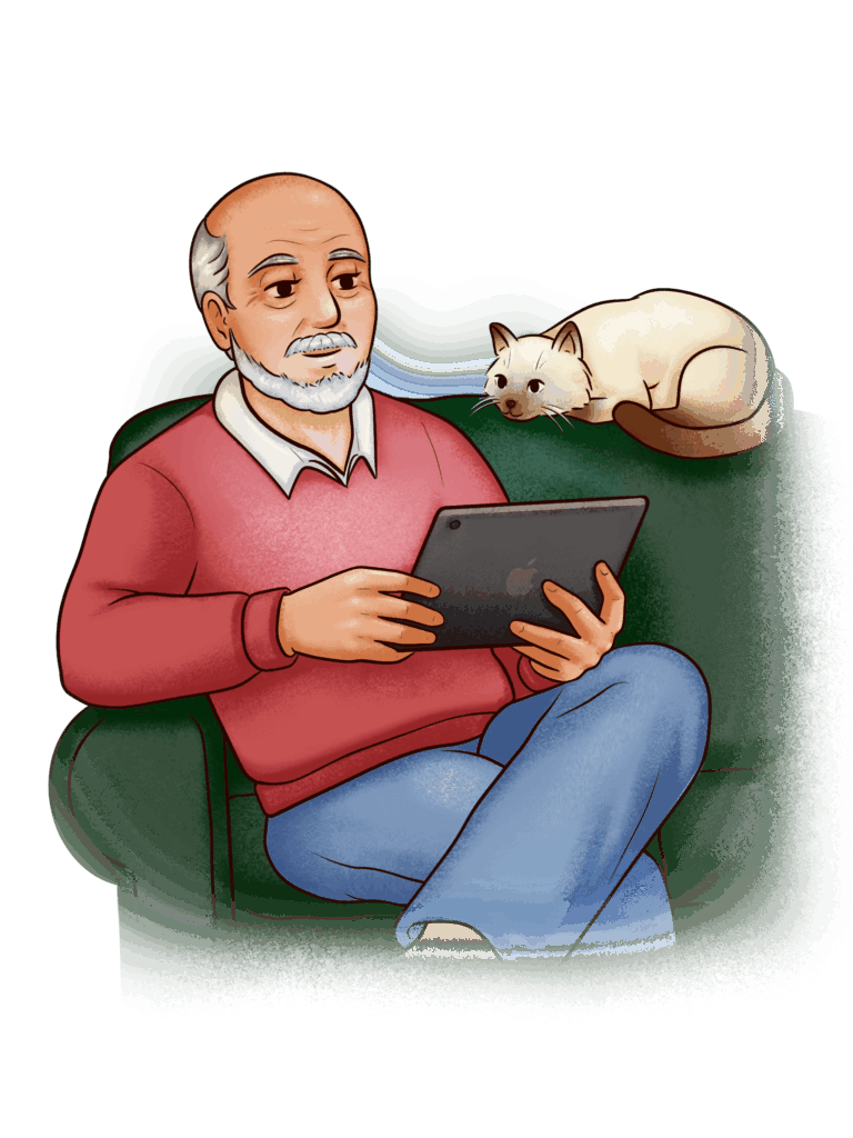 Cartoon of a man sitting on a sofa with is Ipad. A cat is sitting on the sofa behind him.
