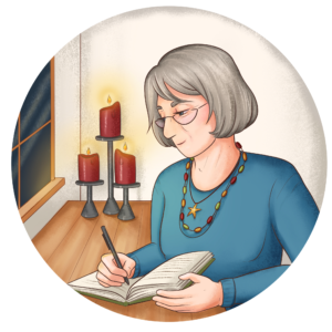 Illustration of Sharon Bray writing in a notebook